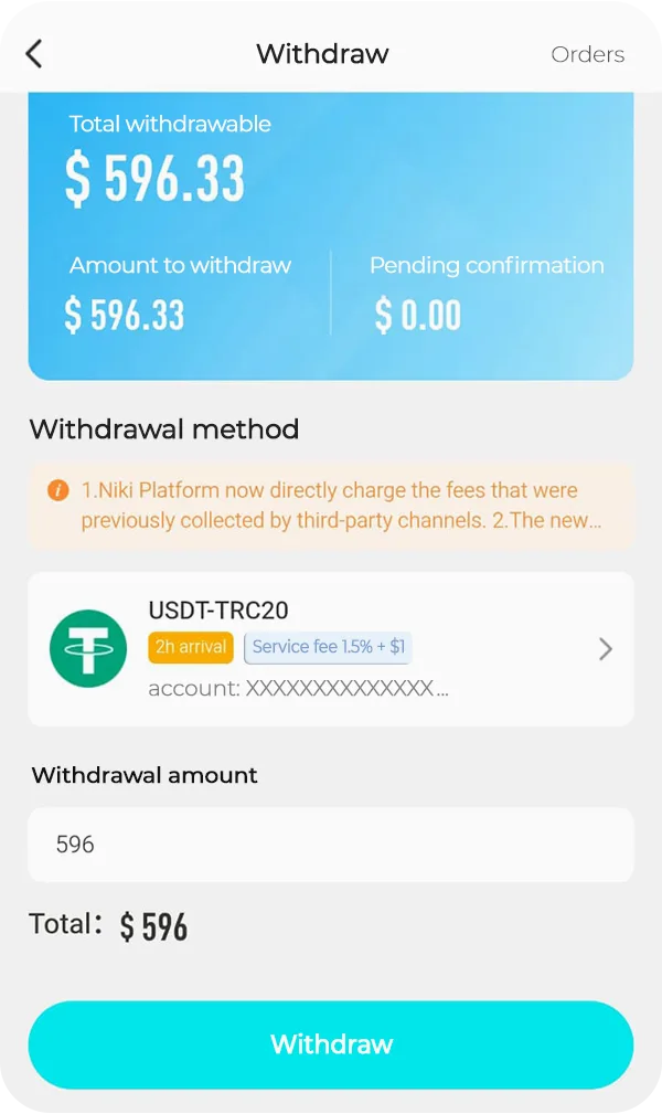 Screen to withdraw earnings on Niki Live